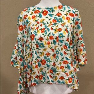 Red and Orange Asymmetrical Blouse with Flutter Sleeves